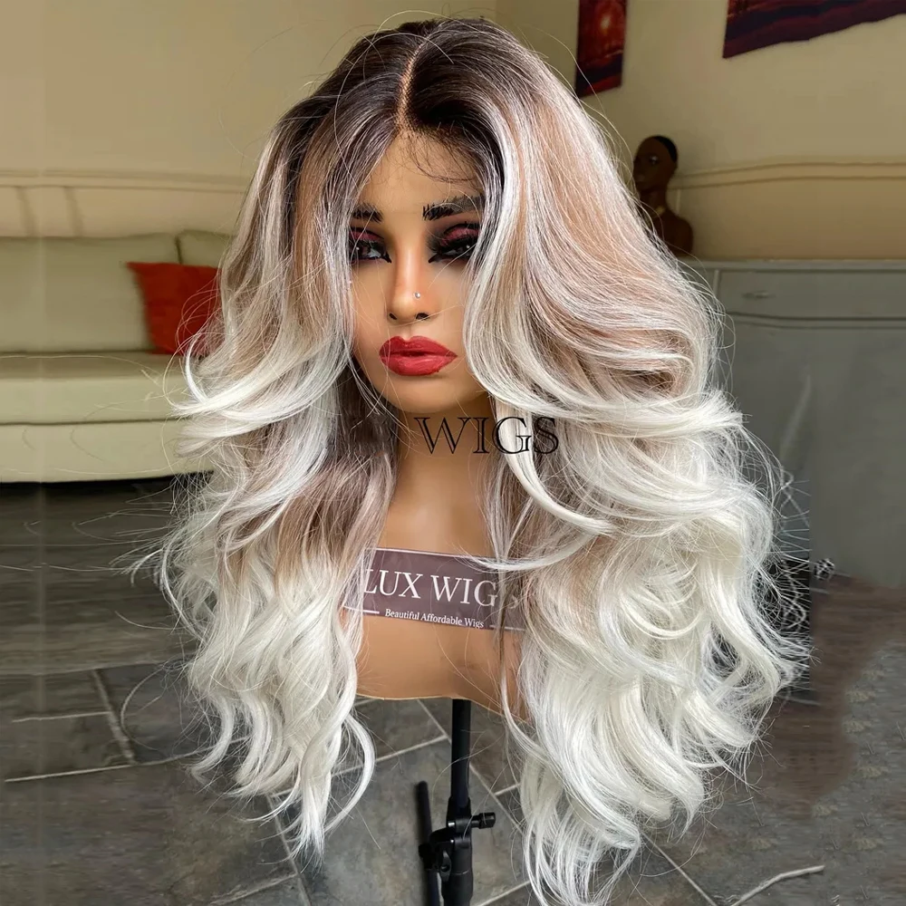 

Human Hair Synthetic Blended Fiber Blonde Balayage Wig Dark Roots Long Thick Wavy Lace Front wig Light Weight Adjustable Straps