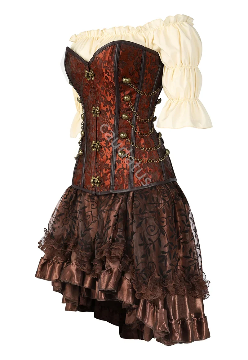 Corset Dress 3 PCS Top Skirt Set Steampunk Bustier Sexy Plus Size Vintage Gothic Punk Burlesque Pirate Costume Brown Halloween