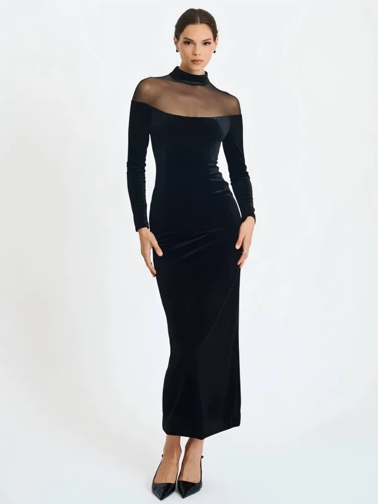 Articat elegante vestido ceñido al cuerpo de retales de terciopelo de malla para mujer Sexy transparente elástico ajustado vestido de noche para fiesta y Club Vestidos nuevos de invierno