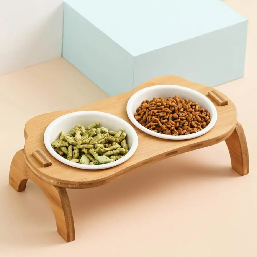 Cat Double Bowl Elevated Eco-Friendly Bamboo Pet Food Bowls Cat Feeder Raised Dog Bowl Double Ceramic