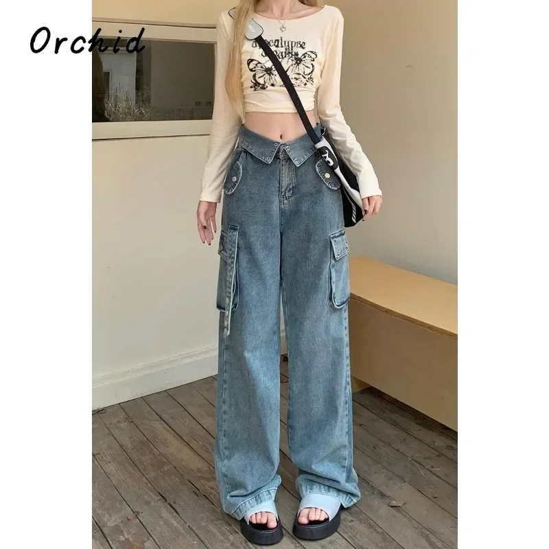 2024 Herfst Dames Casual Stijl Harajuku Jeans Vintage Basics Losse Gewassen Broek Y 2K Wijde Pijpen Zakken Baggy Denim Broek