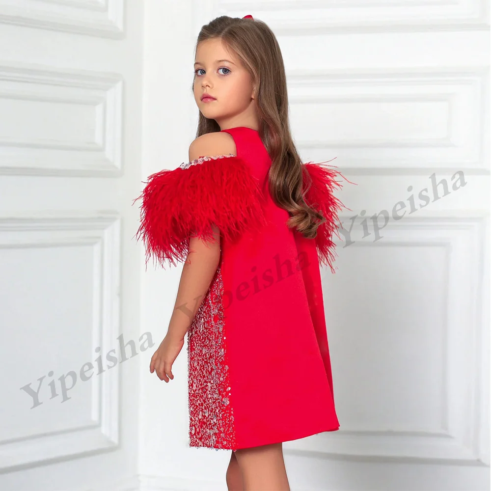 Christmas Flower Girl Dress Girls Party Dresses Feathers Off The Shoulder Round Neck Beading Sequined Red Satin Communion Gown