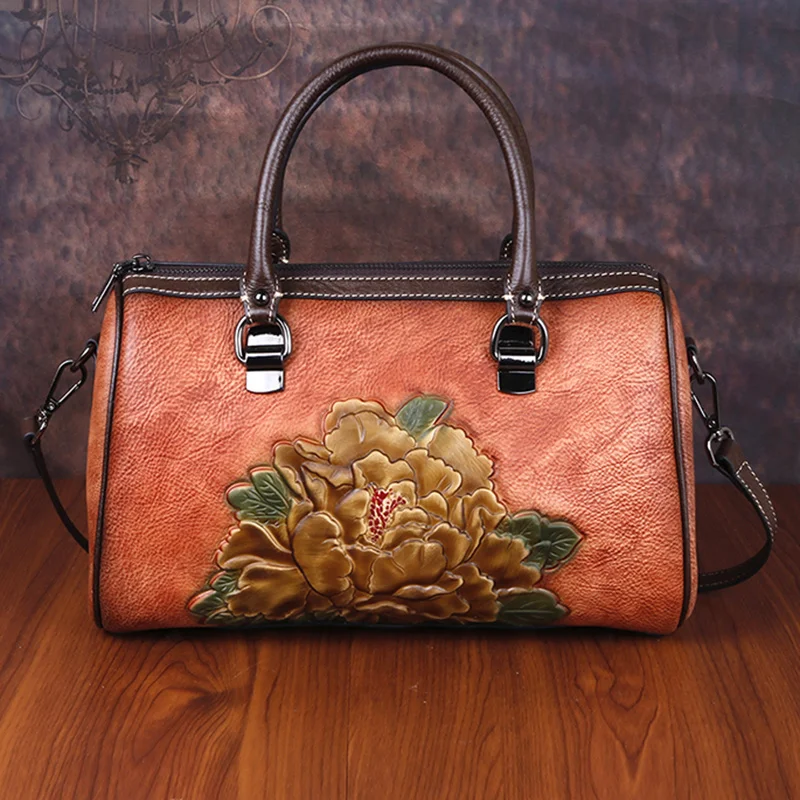 High Quality Messenger Shoulder Cross body Bags Female Floral Vintage Shopping Genuine Embossed Leather Handbag Women Tote Bag