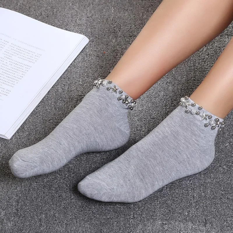 Handmade Japan Pearl Stars Fishnet Socks Women Creative Reto College Style Socks Harajuku Hollow Out Calcetines Mujer