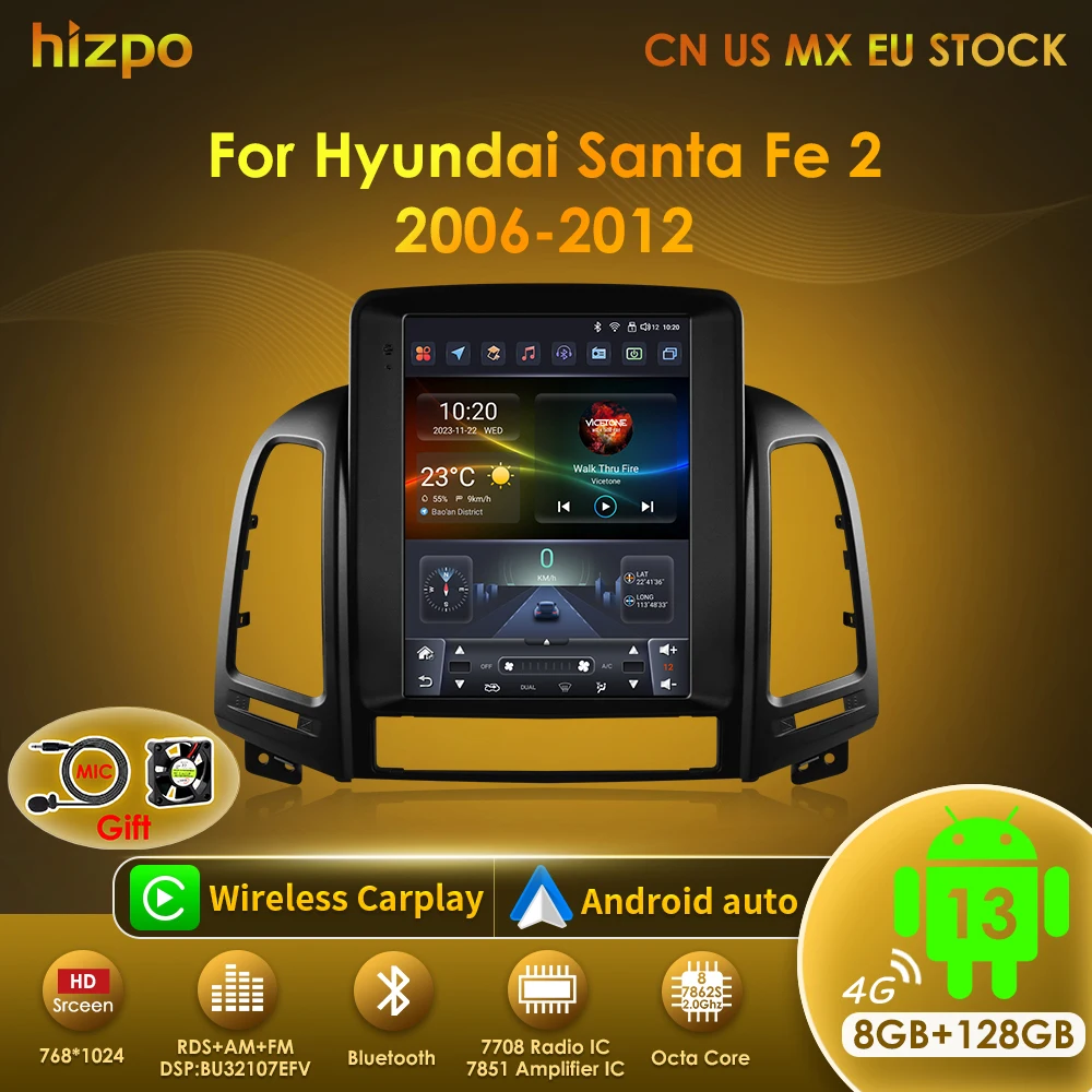 

Hizpo 9.7'' Car Radio For Hyundai Santa Fe 2 2006 2007-2012 Stereo Multimedia Video Player Navigation GPS Carplay 4G Tesla Style