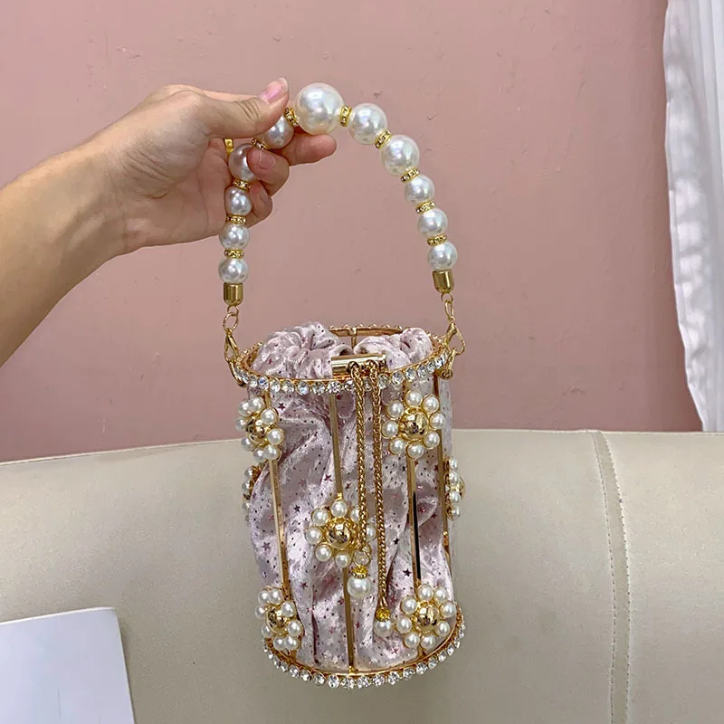 

Милый и блестящий дизайн звездной ниши, инкрустированный бриллиантами, сумка-ведро, ужин в клетку для птиц, портативная банкетная сумка с жемчугом