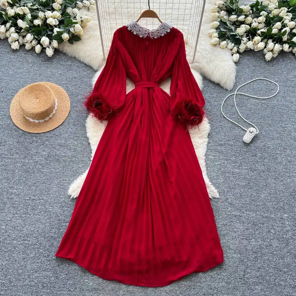 Chic vintage col rond froncé strass mince élégant fée mode coréenne Boho robe d'été femmes vêtements robe longue