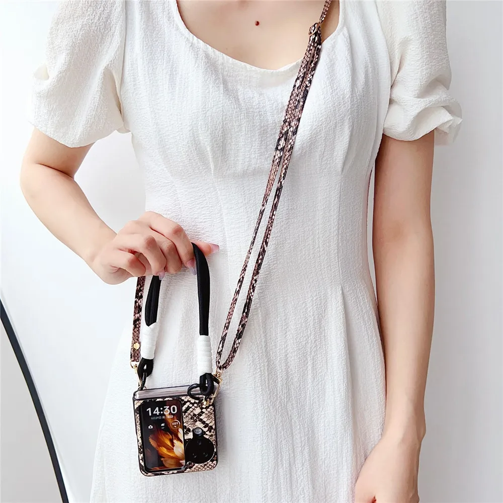 Luxury Fashion Snake Pattern Crossbody Long Short Chain Leather Case For OPPO Find N3 Flip Case Find N2 Flip Huawei P50 Pocket