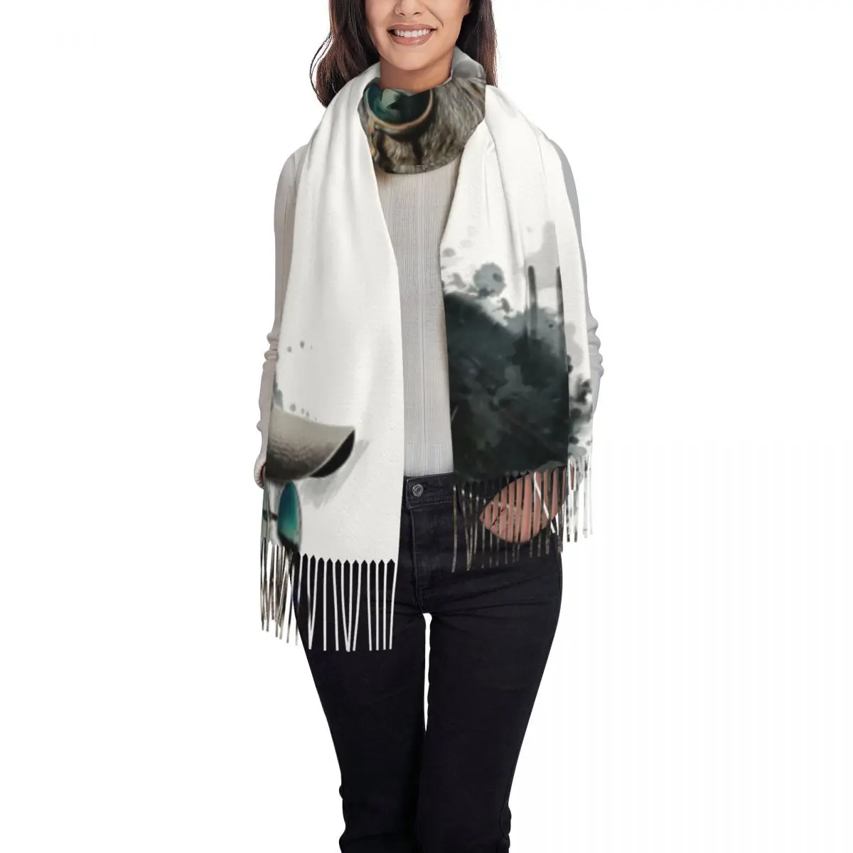 Winter Tassel Scarf Watercolor Portrait Of Cool Cat With Cashmere Scarves Neck Head Warm Pashmina Lady Shawl Wrap Bandana