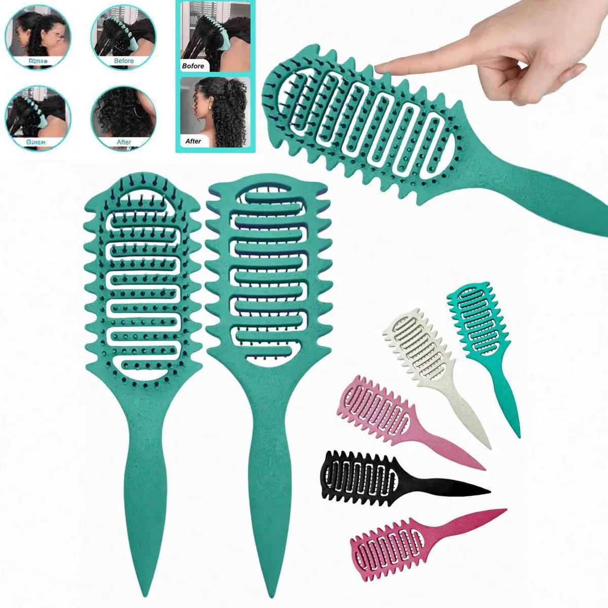 Peine rizado, cepillo de peinado, cepillo de pelo hueco para desenredar, peine de pelo rizado húmedo enredado, rizos moldeadores, peluquería