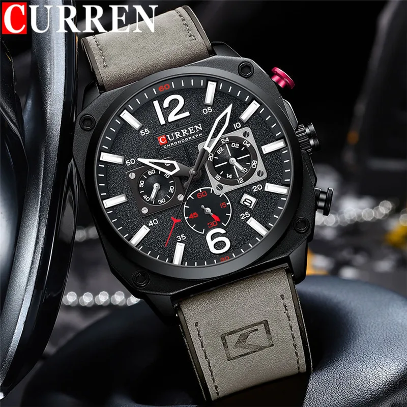 

Fashion Curren Top Brand Chronograph Man Calendar Sport Men Watch Military Luxury Grey Genuine Leather Male Clock Gift 8398