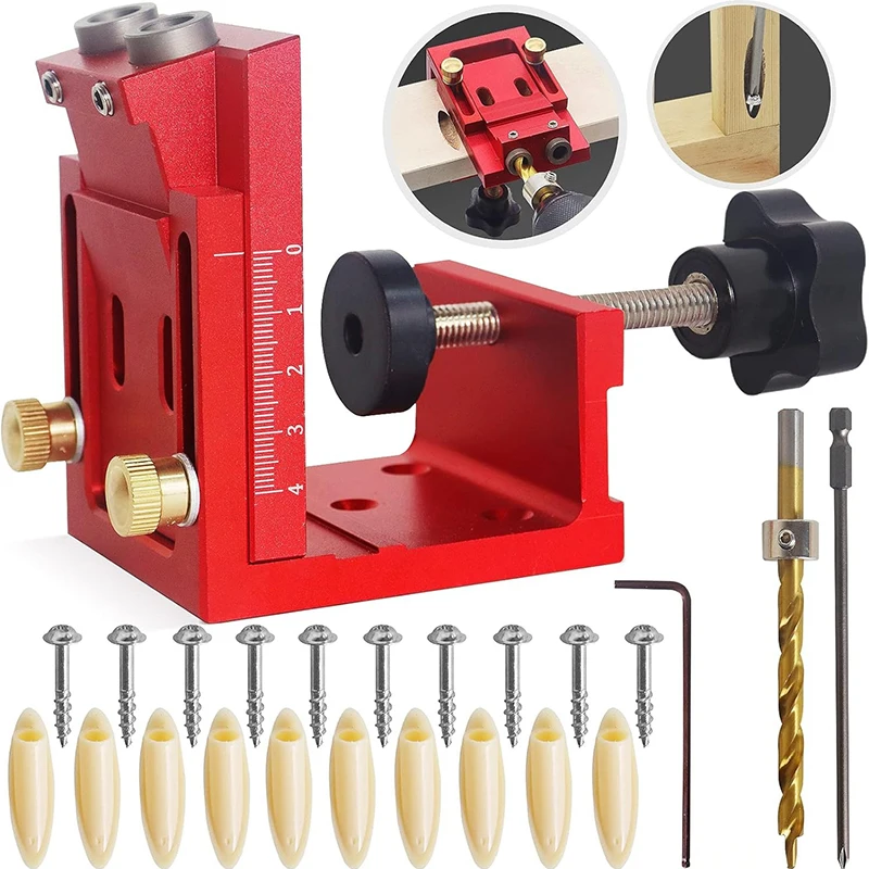 

Adjustable Inclined Hole Locator Jig Set Aluminum Alloy Pocket Hole Fixture Kit 9mm Angle Drill Bit Guide Woodworking Tools