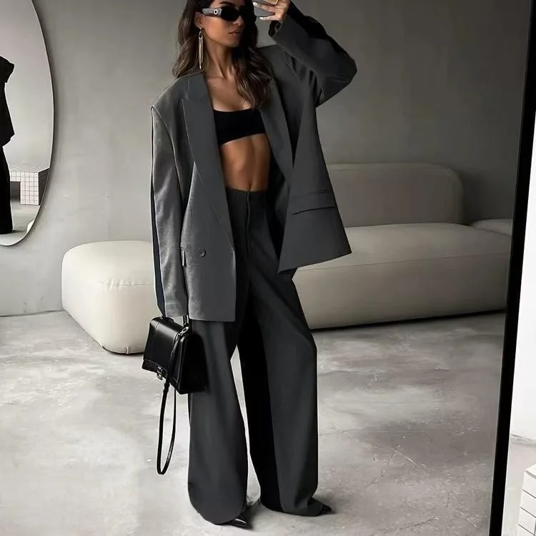 

Свободный костюм с длинными рукавами и цветовыми блоками, комплект из широких брюк, женская модная коллекция Весна, на пуговицах, комплект из двух предметов