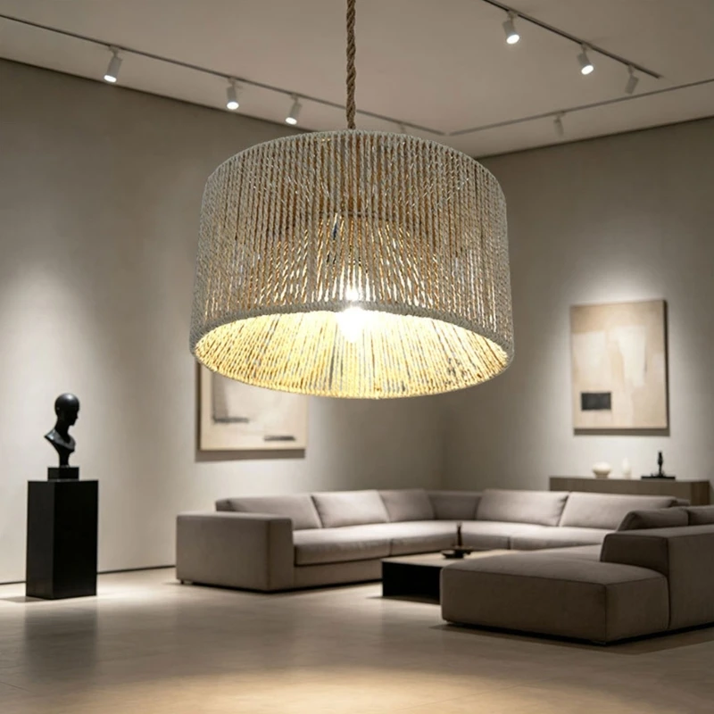 Textured Pendant Shade Round Drum Hanging Light Cover, Natural Look Ceiling Accent with Metal Support Frame, 10.8in Size M4YD
