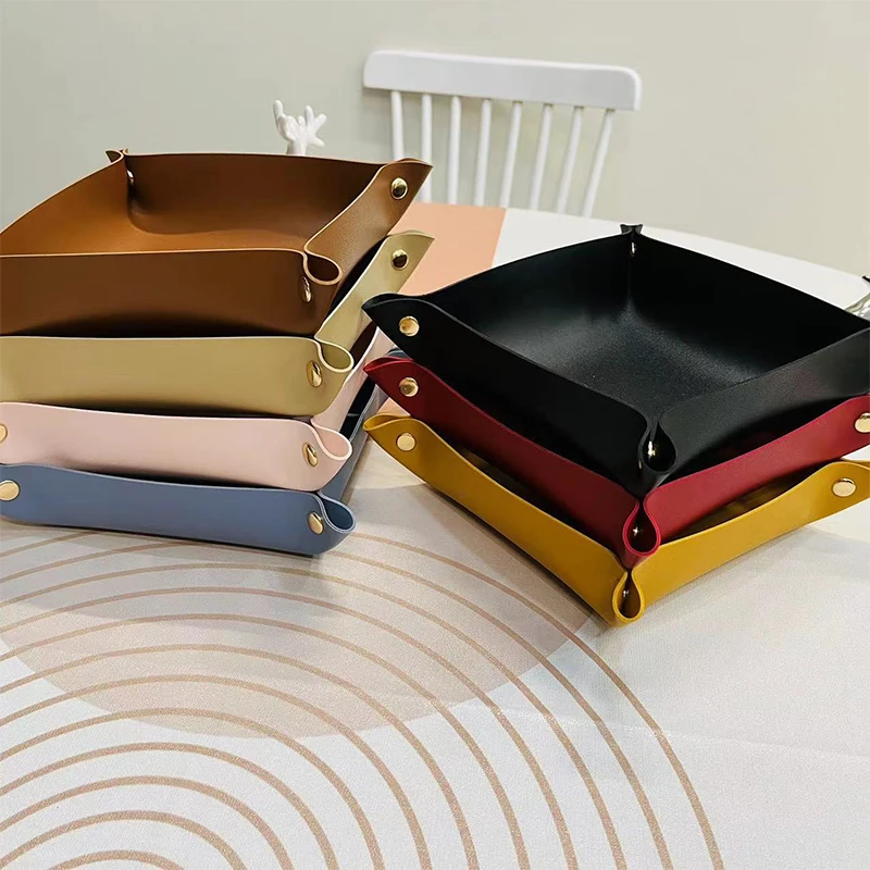 Pvc Double-side Leather Organization Square Snap-fastener Trays Home Decor Foldable Container Desktop Kitchen Storage Supplies