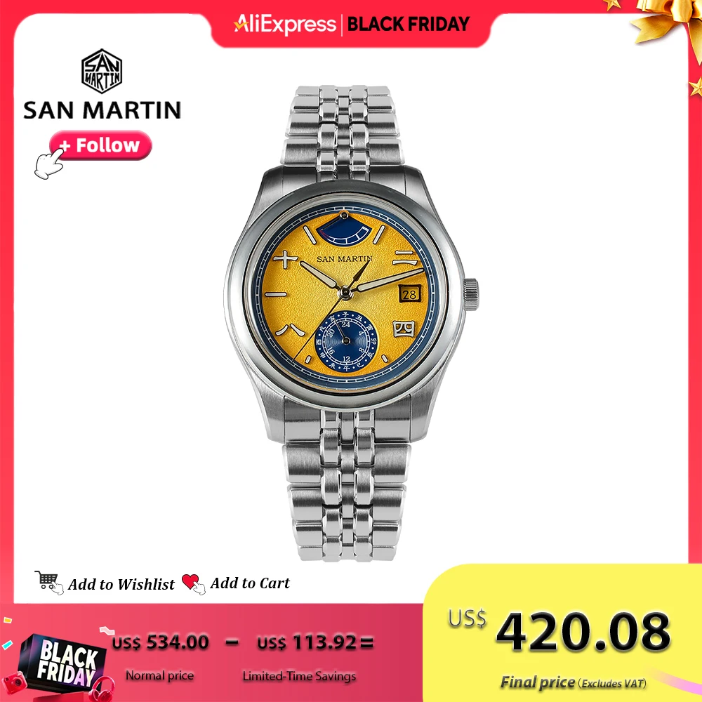 

San Martin новые мужские часы 39 мм Miyota 9132 с дисплеем запаса хода, оригинальный дизайн, механические часы, водонепроницаемые светящиеся SN0144