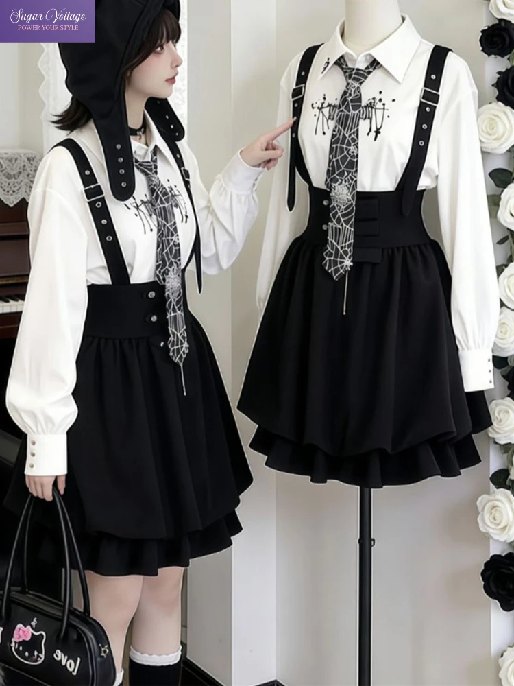 

Японский милый комплект Y2K из 2 предметов: женская рубашка с длинным рукавом и принтом + платье на бретелях, осенняя готическая мода, популярная корейская одежда