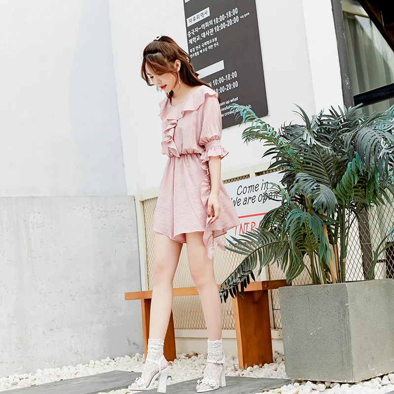 

Новый летний повседневный комбинезон-юбка Sweet School с открытыми плечами, оборками и рукавами-фонариками, свободного кроя, для женщин