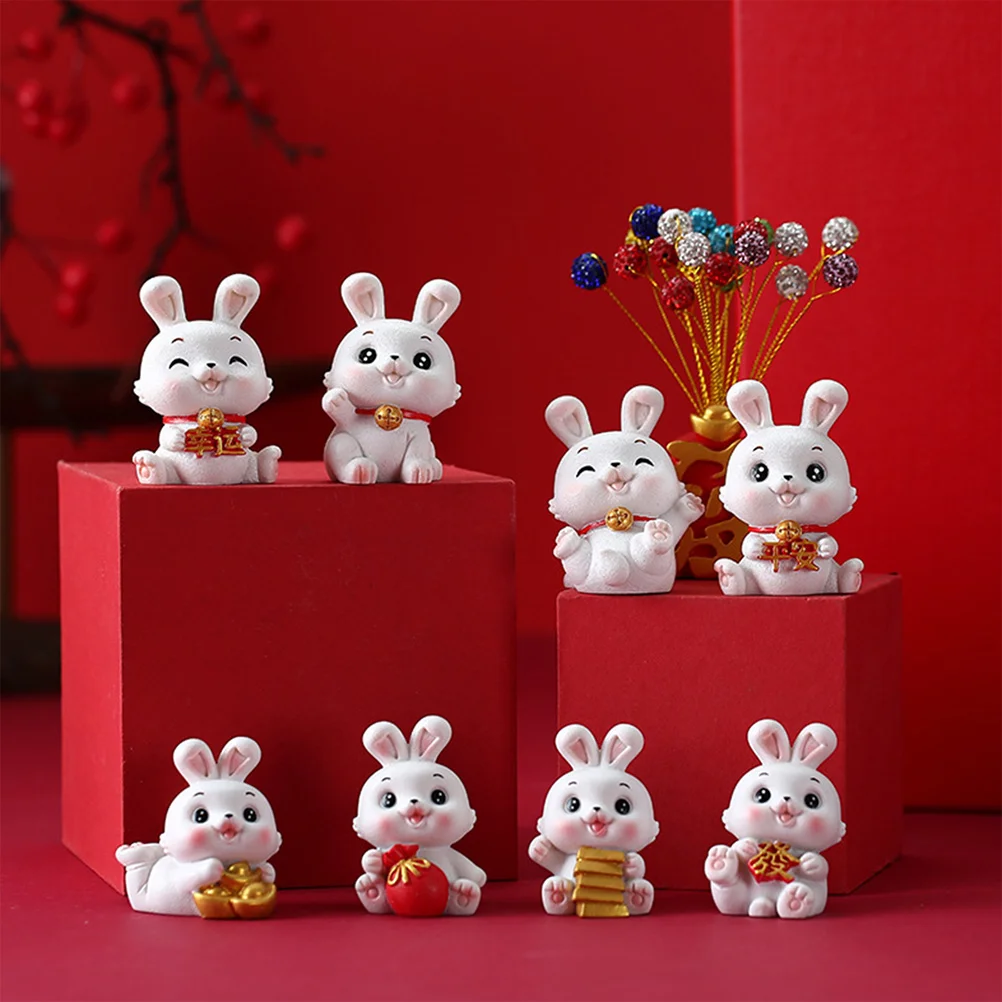 

4pcs Bunny Figurines Cartoon Bunny Figurine Rabbit Statues Desktop Garden Decor Tiny Zodiac Ornaments Adornments
