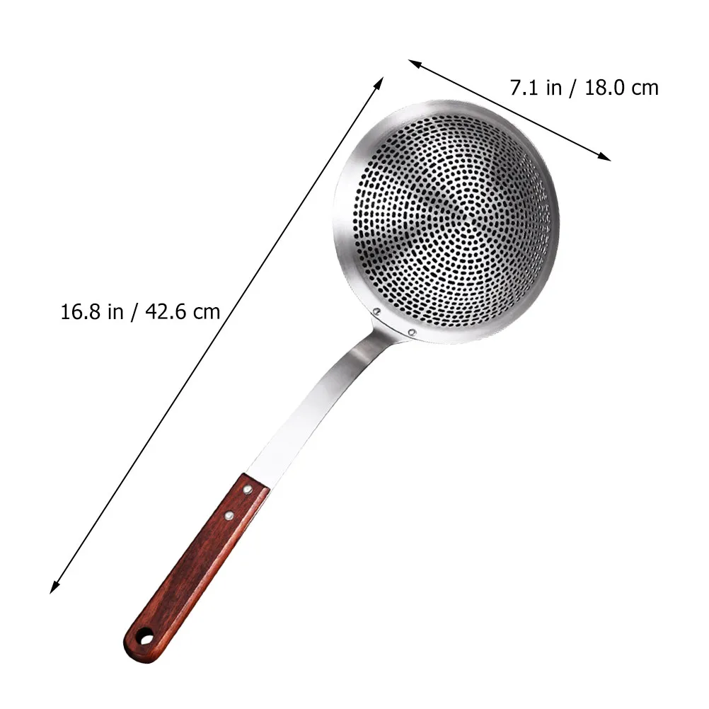 Heavy Duty Stainless Steel Skimmer Ladle Featuring Polished Wood Handle Easy Grip Filter Spoon for Cooking Straining Draining