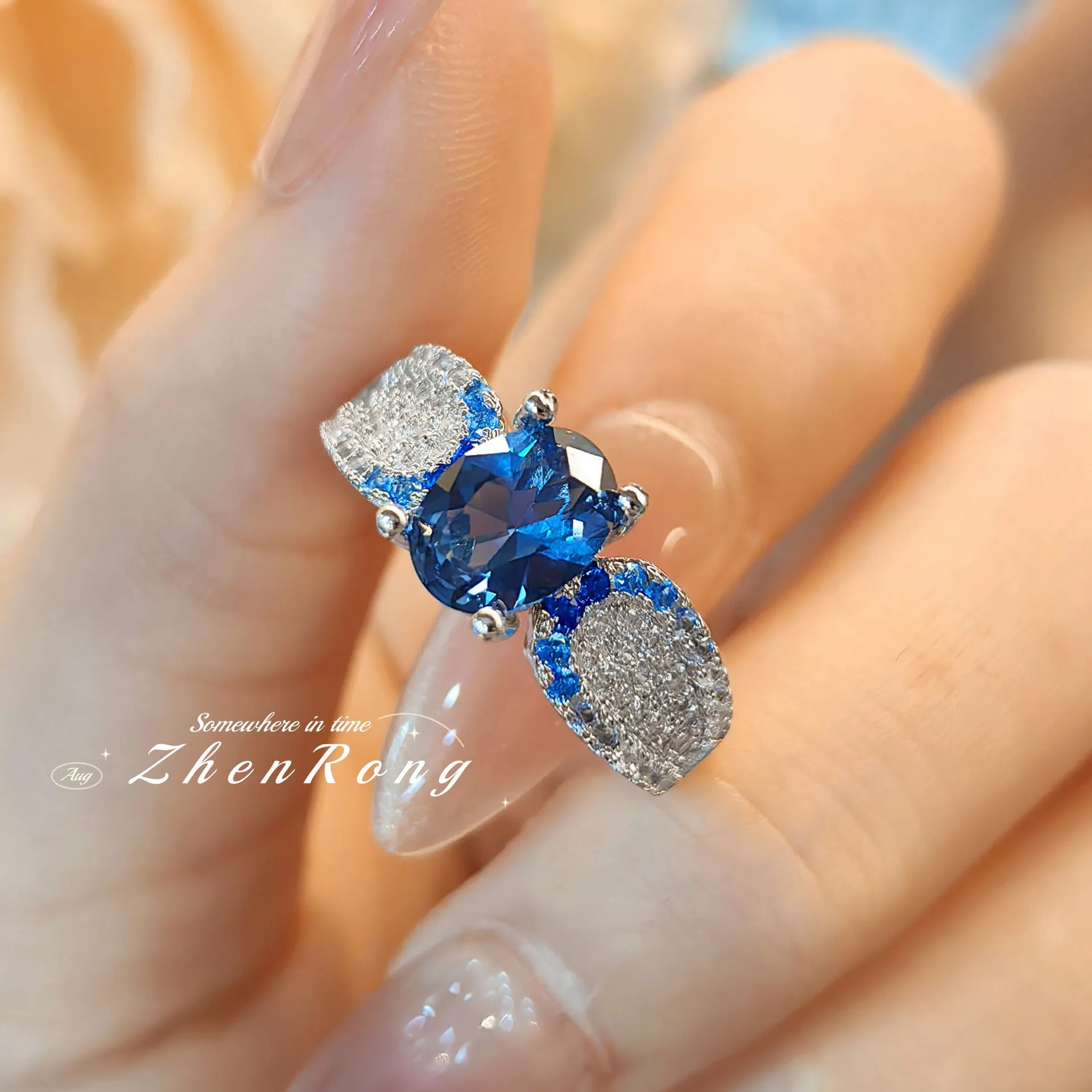 S925 Sterling Silver Ring With New Goose Egg Blue Zircon Gradual Change Temperament Niche Design Ideal For Daily And Party Wear