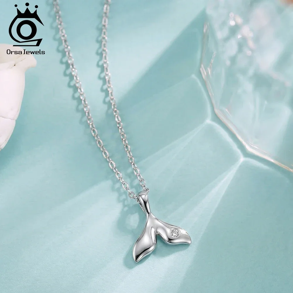 

ORSA JEWELS 925 Sterling Silver Trendy Fish Tail Shape Pendant Necklace for Women Clavicle Chain Wedding Party Daily Gift SAPN64