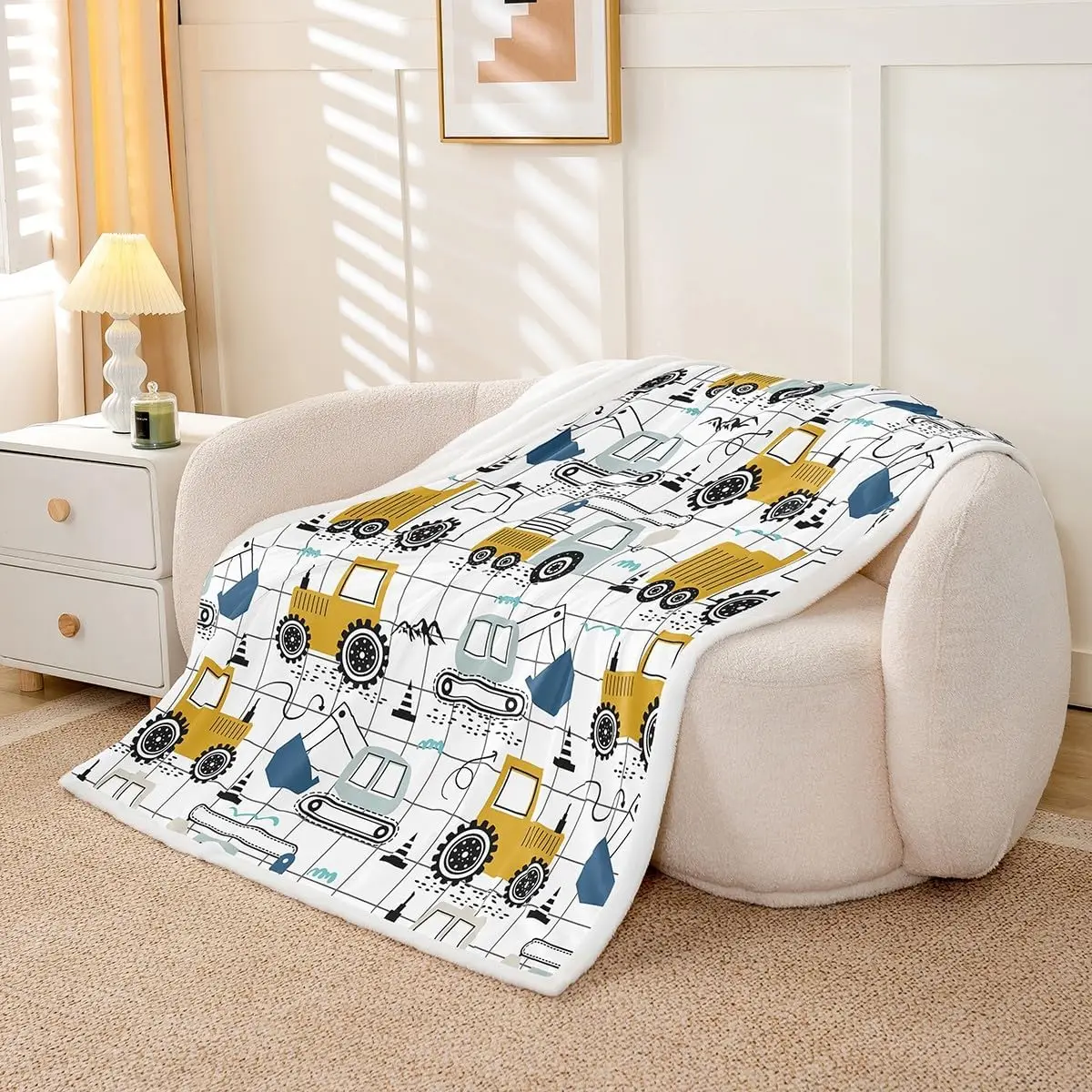 Construction Fleece Throw Blanket Queen Kids Excavator Tractor Toddler Plush Cartoon Car Equipment Trucks Plaid Grid Sherpa