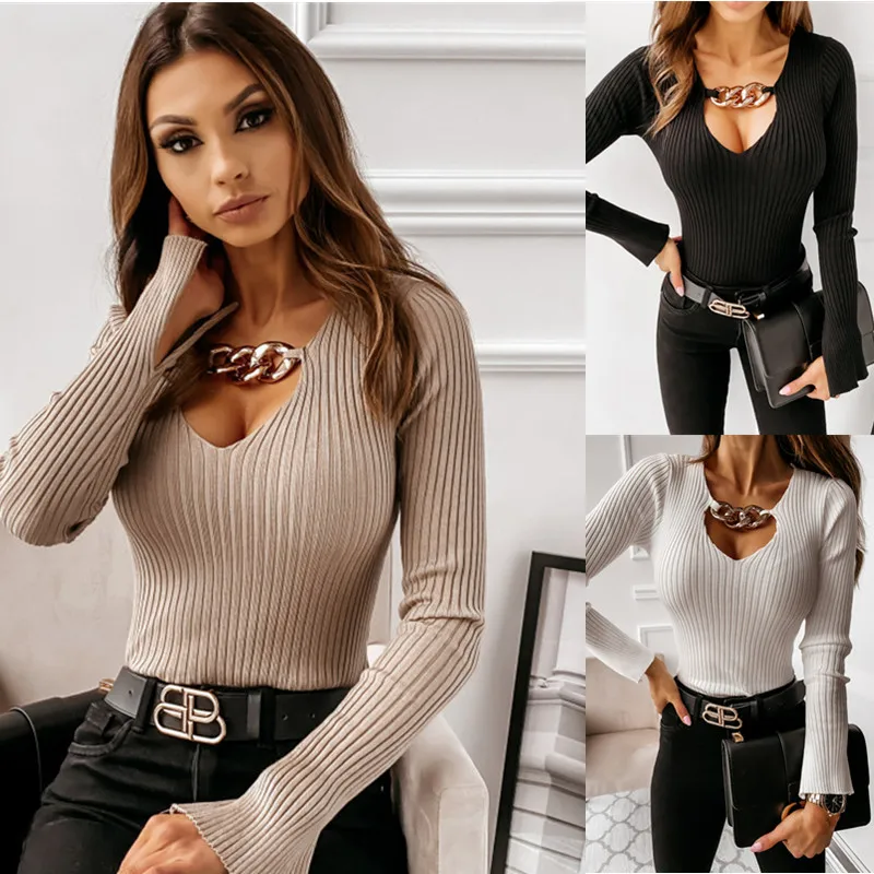 Sexy V-Ne Long Sve Women's Base irt Autumn Winter Faion Slim Fit Chain Decoration Street Sle Pure Color Knitted Top
