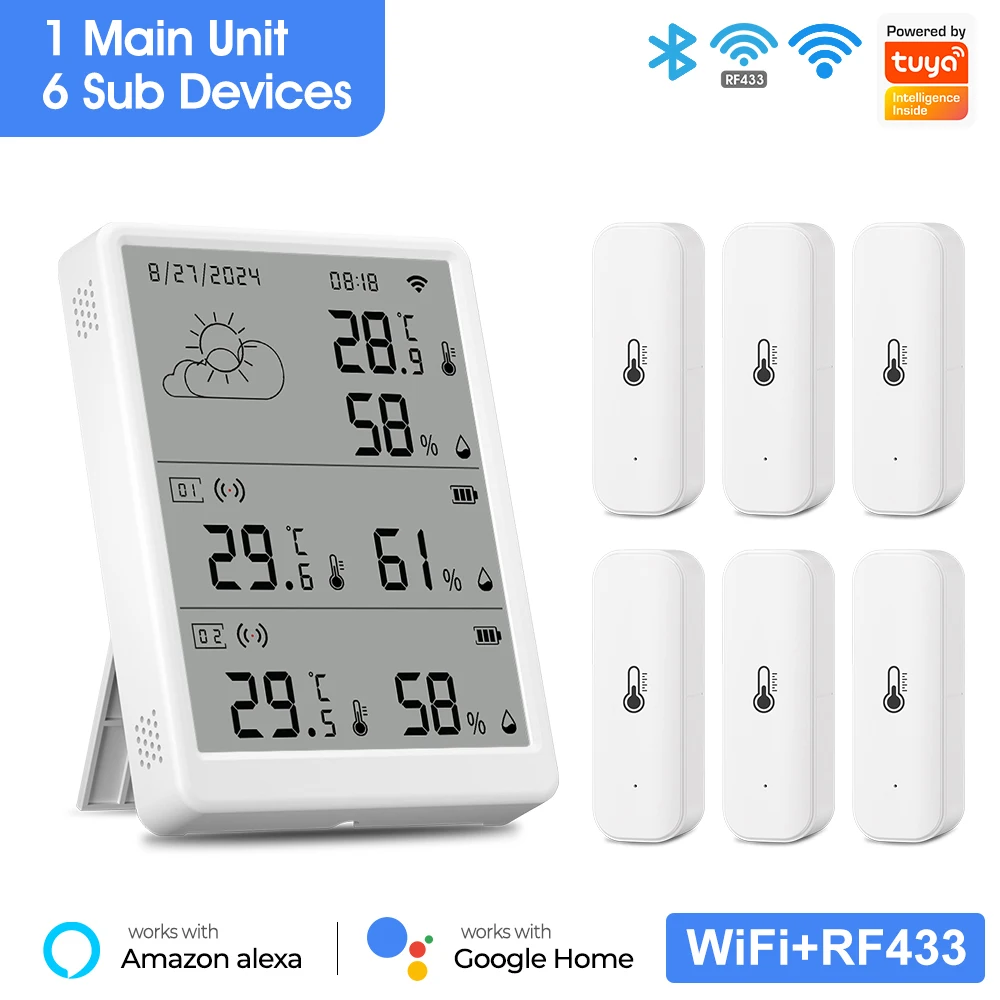 محطة الطقس RF433 ميزان حرارة الغرفة الداخلي اللاسلكي الرقمي واي فاي درجة الحرارة الرطوبة أجهزة استشعار خارجية متعددة الحياة الذكية