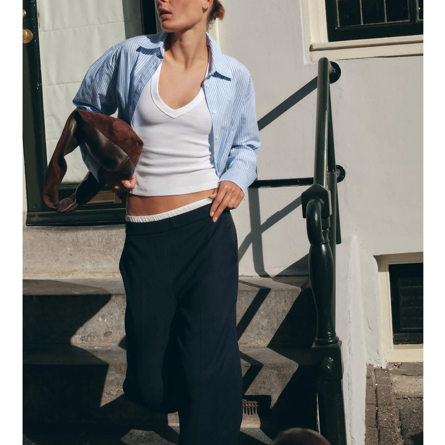 خريف 2025 المرأة Ox irt ort طول طويل Sve بدوره إلى أسفل طوق مخطط مطوي الفرنسية Sle فضفاضة تناسب تنفس Po...