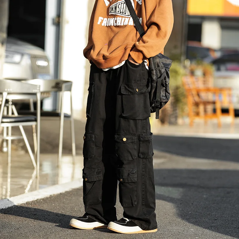 American High Street Vibe Retro Tide Casual Pants Y2k Harajuku Fashion All Loose Straight Leg Wide Leg Multi-Pocket Overalls Men