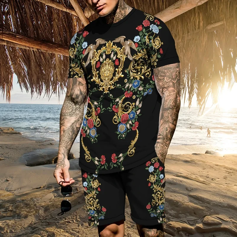 Vintage ethnic style men's short-sleeved floral beach trousers 3D printed casual oversized shirt suit summer street men's plus