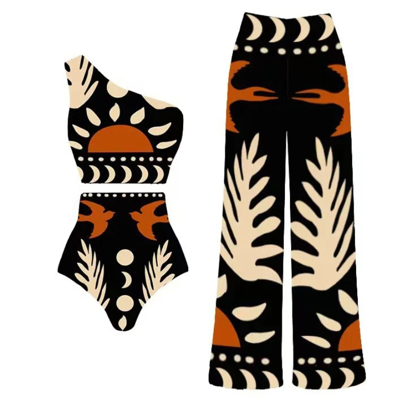 Printed One Piece Swimsuit Women Bikini with Beach Set New One Shoulder High Waist Split Swimwear Brazilian Biquini Bathing Suit