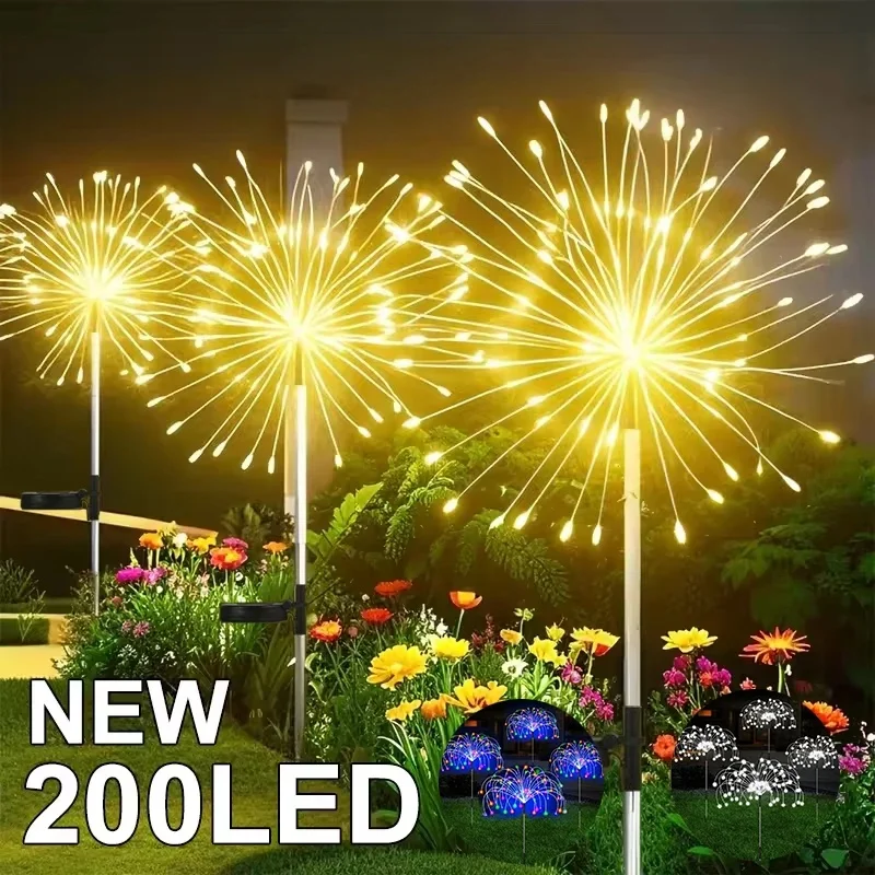 200 LED Solar Firework Lights Outdoor Waterproof Garden Landscape Path Lawn Lamp for Yard Party Decoration JJ3841