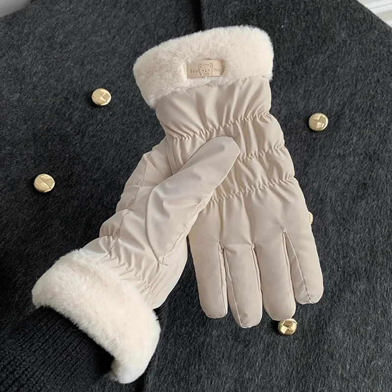 

Women's Plush Thick Gloves Winter Warm Fur Touchscreen Cute Bear Windproof Mittens Women Outdoor Ski Cycling Padded Accessories