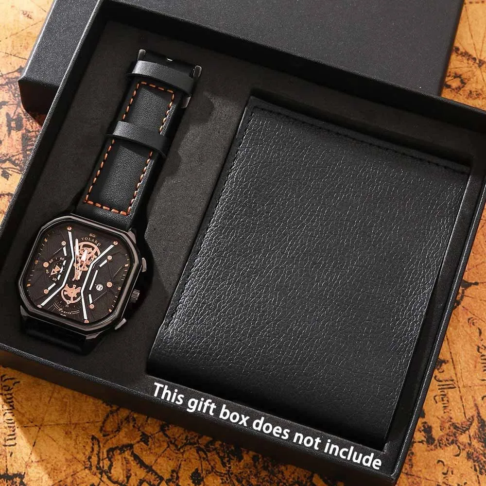 2pcs/set Fashion Mens Watch Round Analog PU Leather Strap Men's Watch Male Quartz Wristwatch Ideal Choice for Halloween Gifts
