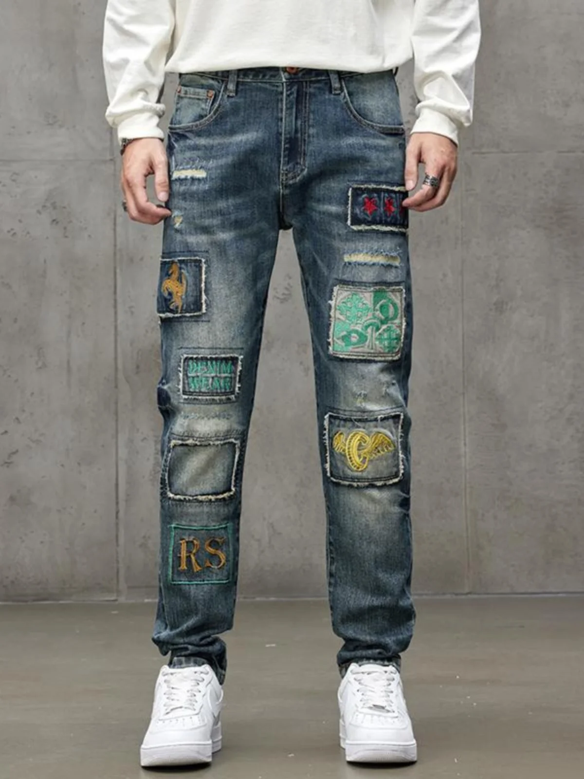 

High Waist Cotton Stretch Denim Pants Men's Casual Embroidered Patchwork Long Trousers Youth Trendy Straight Leg Fit Jeans
