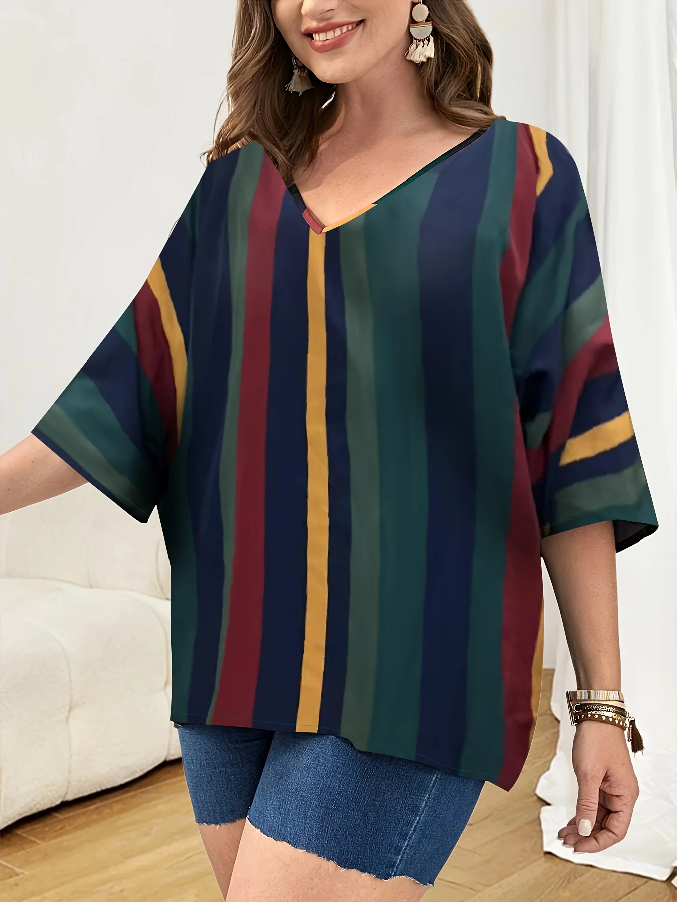 Plus size, duży print w paski, rękawy typu nietoperz, top damski, luźny i spersonalizowany nadruk, nowy styl