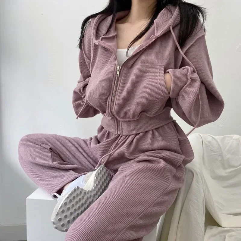 Women Sports Suits Spring Autumn New 2 piece Sets Candy Color Zipper Hooded Sweater Jacket + Casual Pants Loose tracksuits 2024