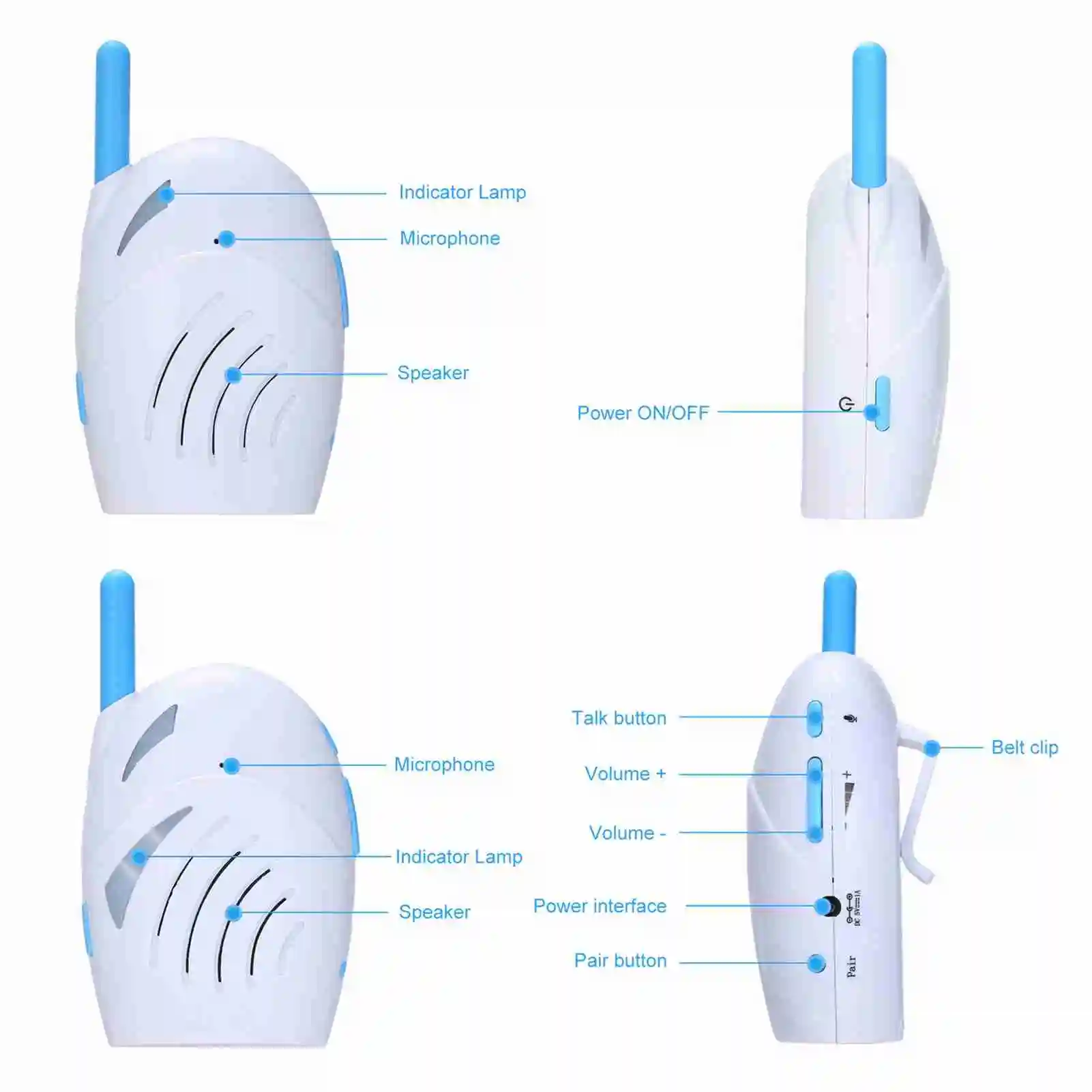 Rilevatore per bambini 2.4GHz Citofono wireless a 2 vie Allarme sonoro per pianto Rilevatore per bambini per fotocamera wireless domestica