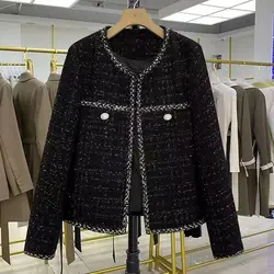 Korean Tweed Jacket Women Cropped Jacket Coat Long Sleeve Buttons Short Tops Black Outerwear Spring Autumn Streetwear New