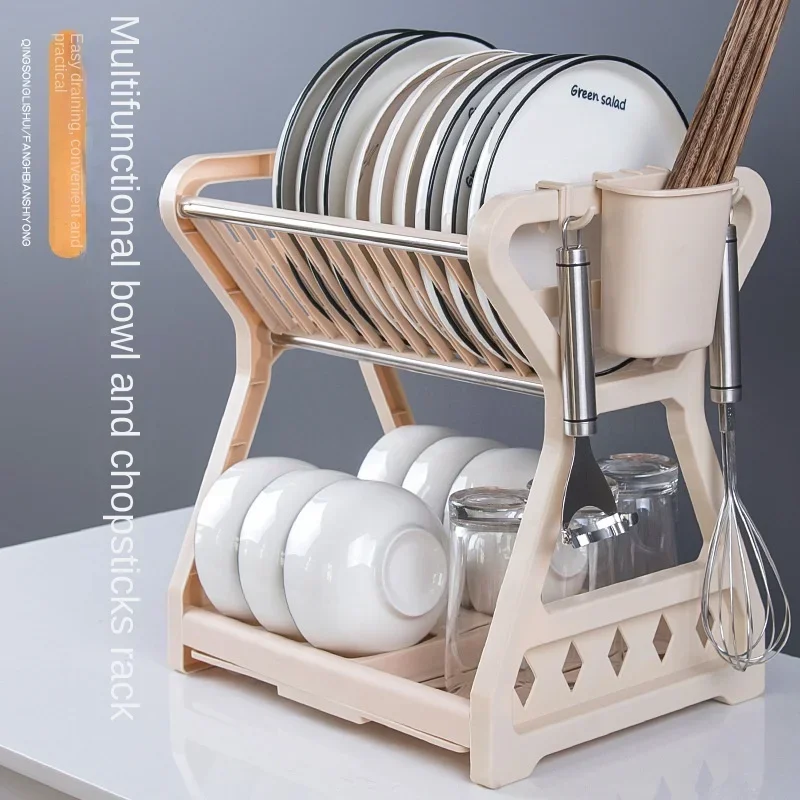 2023 New Double-layer Kitchen Dish Bowl Draining Storage Rack with Chopstick Cage Household Tableware Organizer Tray Box Basket