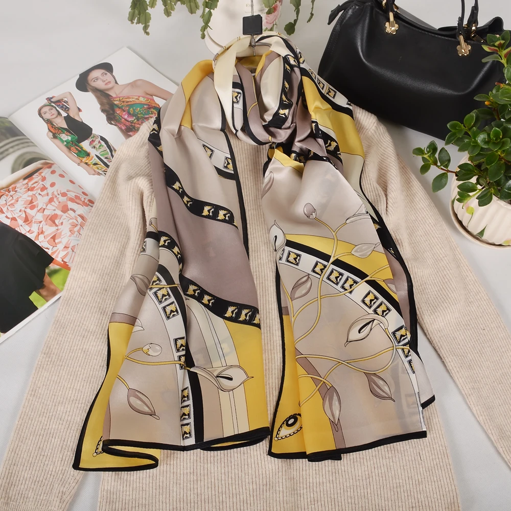 

БИСИФА | Новые желтые шарфы цвета хаки из 100% натурального шелка для женщин, осень-зима, женские брендовые длинные шарфы на шею, платок для волос, накидки