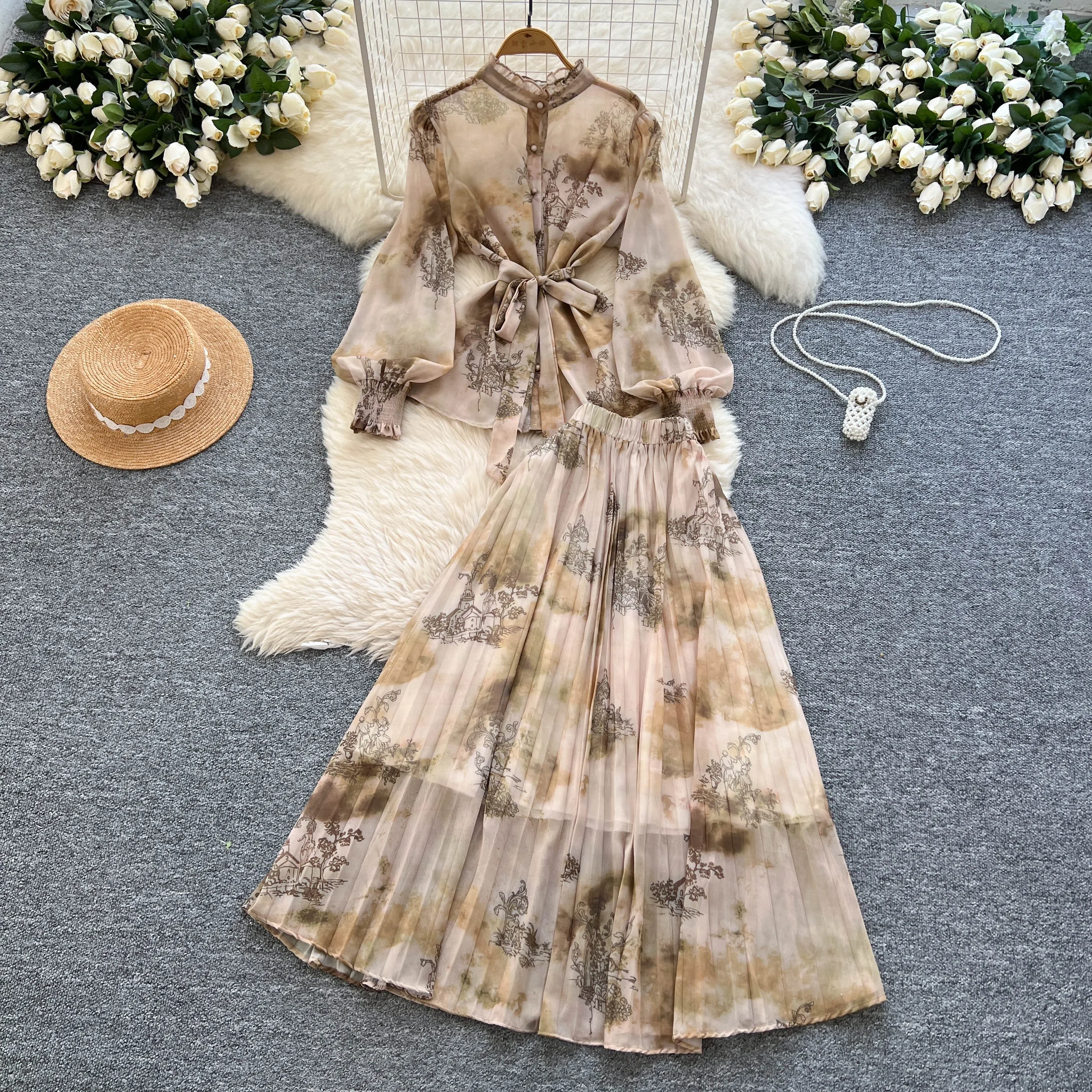 

Chic Spliced lantern sleeve print vintage Casual Vacation A-line Vestidos Summer Women dresses Two Piece Set