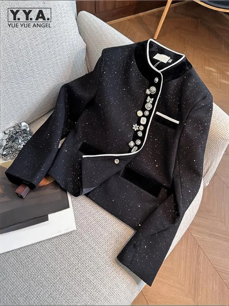 السيدات الجديدة عارضة واسعة الخصر فضفاض مطرزة سترة س الرقبة أبلى مغطاة زر أنيقة المرأة مصمم طويلة الأكمام معطف قصير