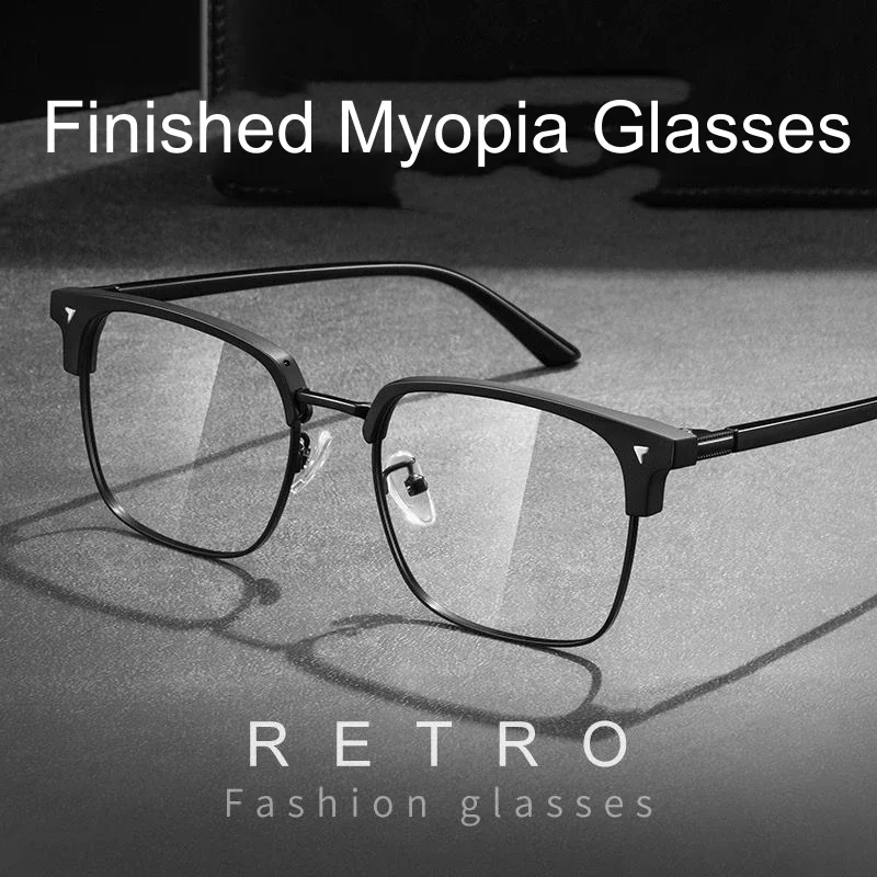 Men's Half Frame Square Myopic Glasses Vintage Business Blue Light Blocking Minus Diopter Eyeglasses Fashion Near Sight Eyewear