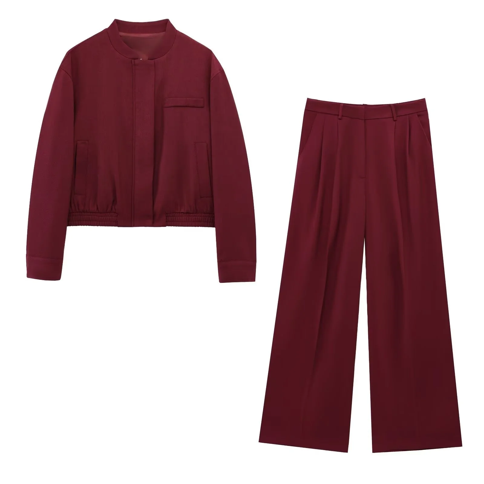 

BM&MD&ZA Ladies Solid - colored Bomber Jacket and Pleated Wide - leg Pants Set Stylish and Trendy Design