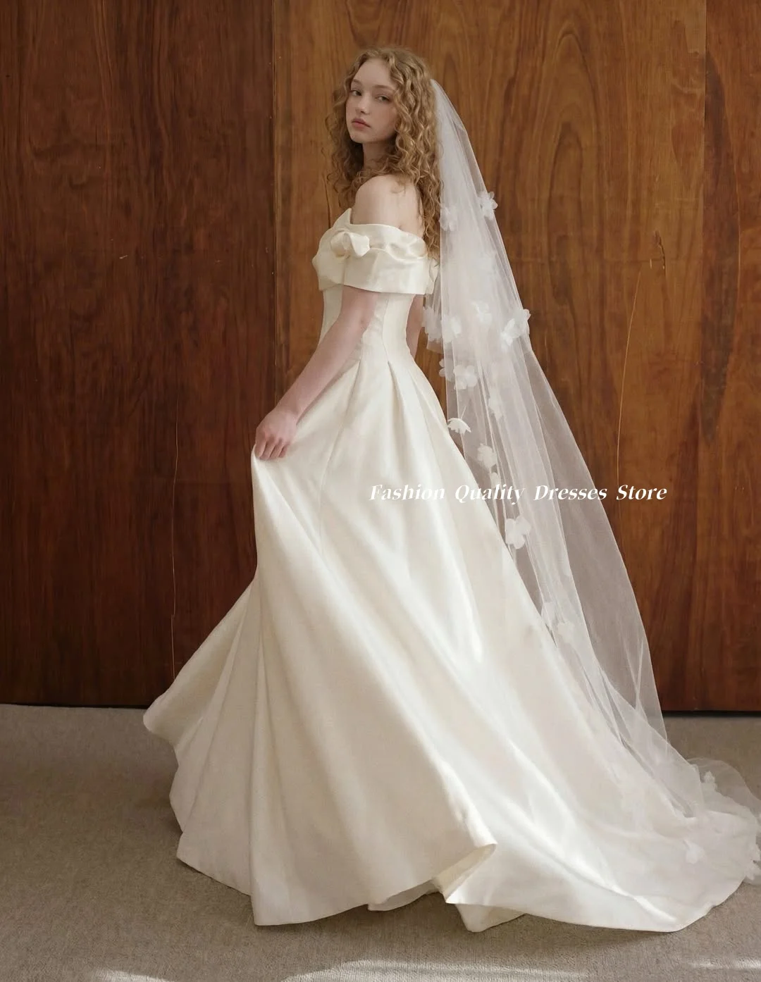 Wedding Dresses Off Shoulder Satin Bridal Gown 3D Floral Fold Sleeve A Line Long Train Simple Vintage Wedding Dress Customized