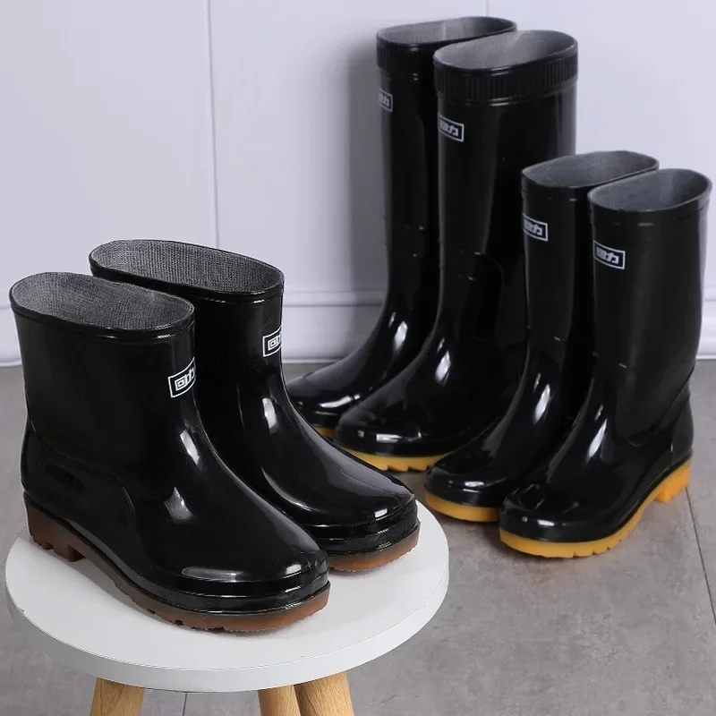 Professional Labor Protection Round Head Black Men\'s Rain Shoes Tall Pvc Anti-slip Elastic Rain Boots Men Boot Shoes