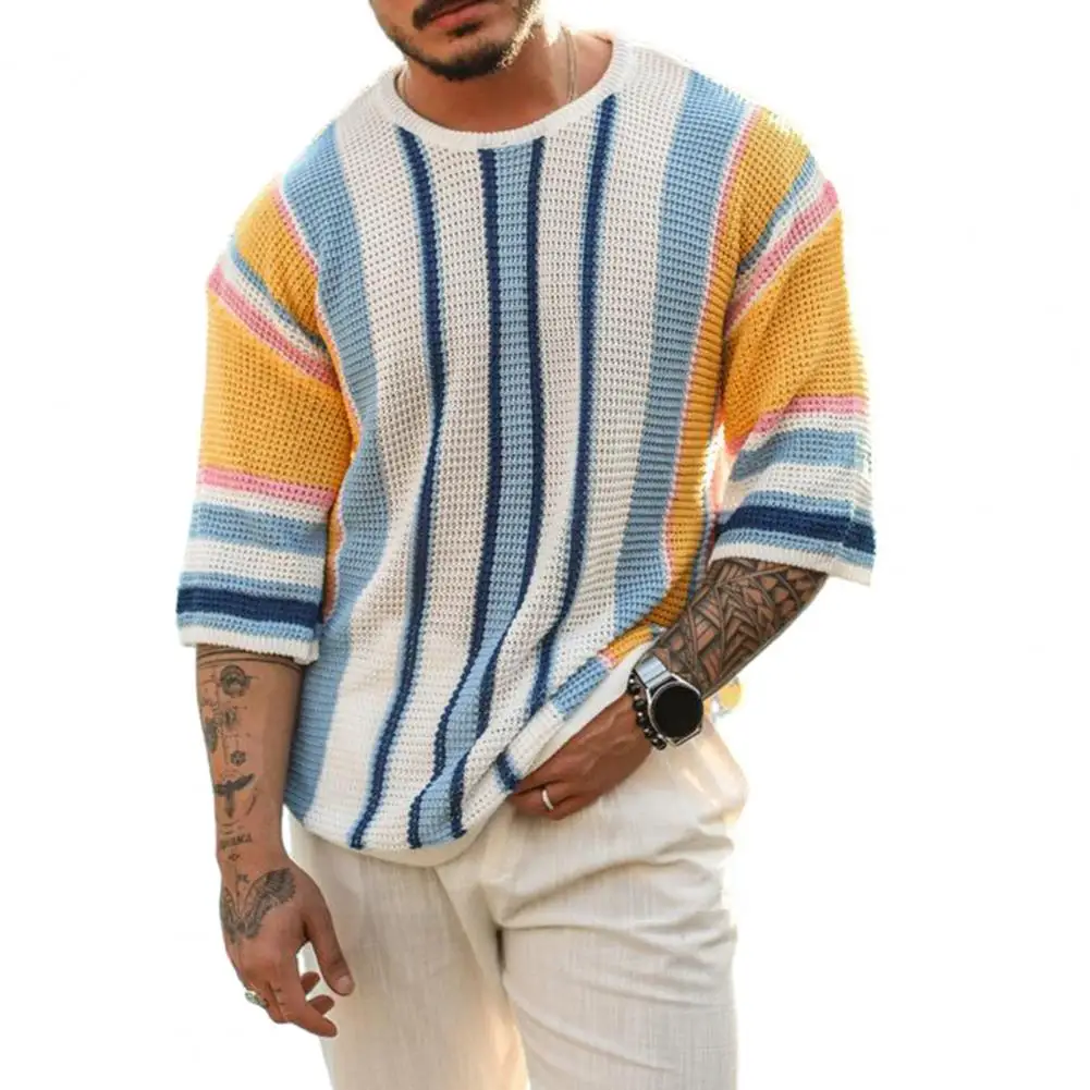 Suéter con estampado a rayas para hombre, Jersey holgado con cuello redondo y Media manga, Color a juego, para verano, otoño y primavera